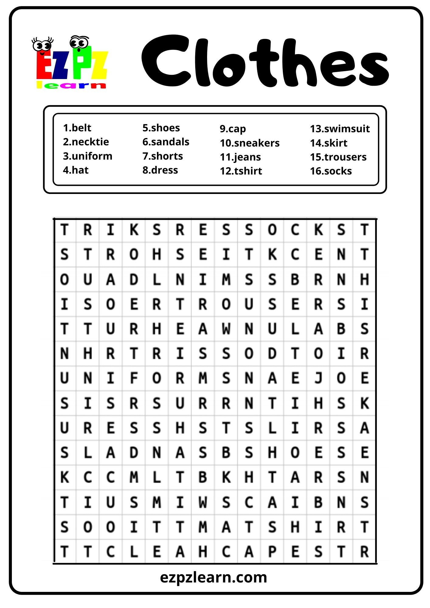 Clothes Word Search Ezpzlearn